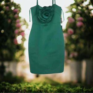 Nordstrom Emerald Green Spaghetti-Strap Cocktail Dress with Rose Detail